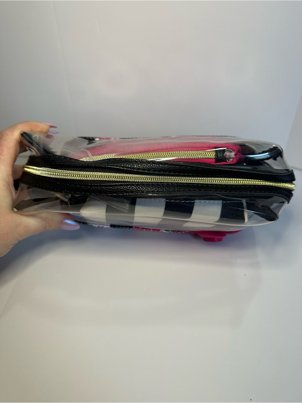 Betsey Johnson 3 Piece Travel Cosmetic Bag Set Pink Floral Black & White Stripe - Picture 3 of 10
